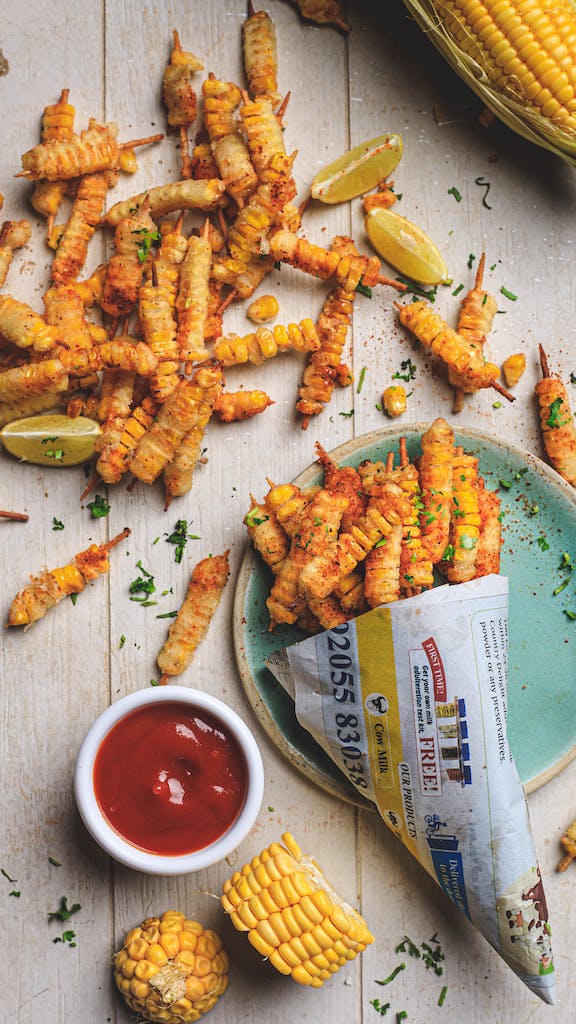 Yellow Corn, Lemon Slices and Potato Fries