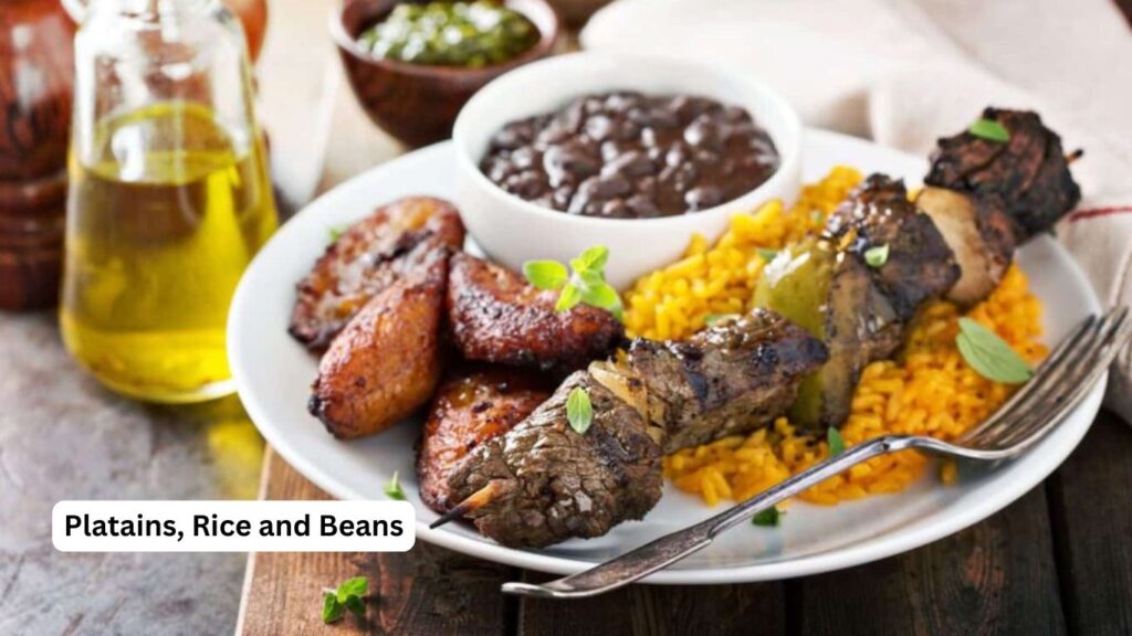 A plate with rice and beans and plantains in a restaurant in Panama