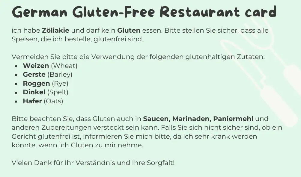 German Gluten free Restaurant Card