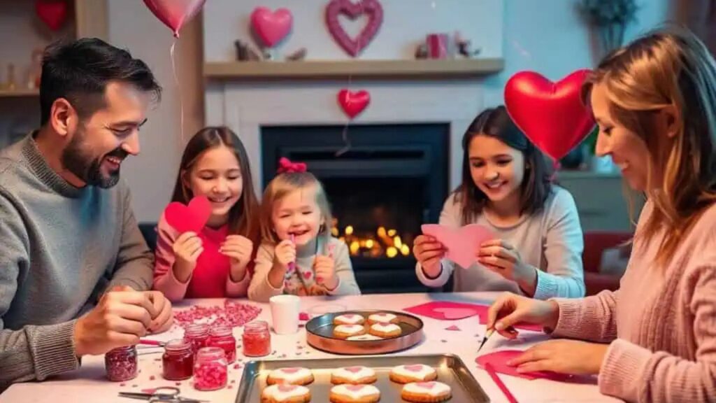 Family celebrating Valentine’s day together by baking and decorating cookies