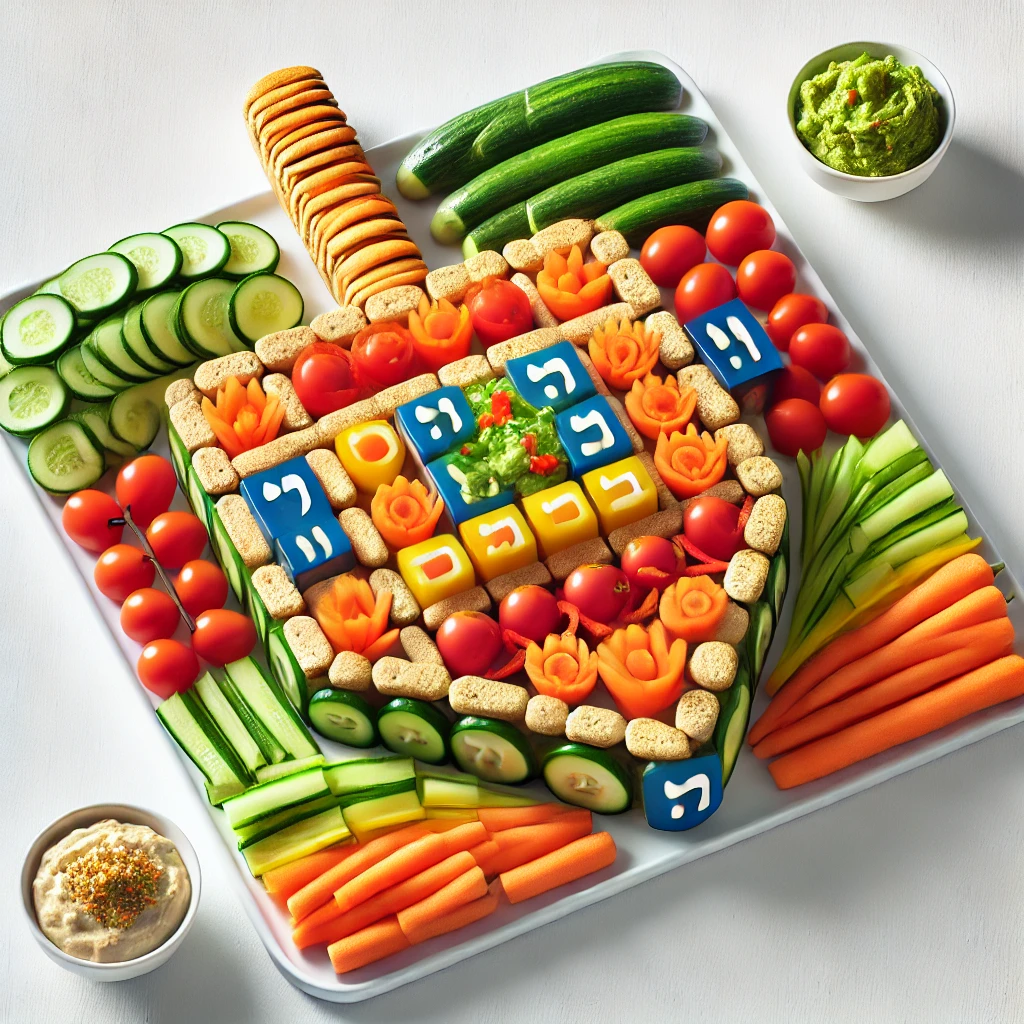 Dreidel shaped veggie platter with Hummus and Guacamole as dip