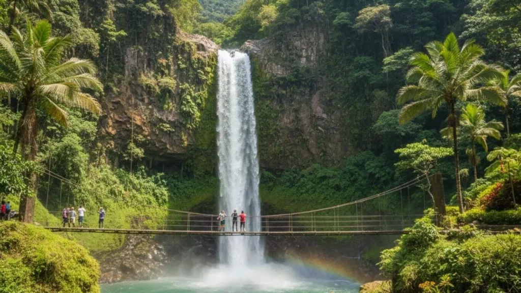La Fortuna Waterfall in Costa Rica with a hanging bridge and visitors, part of an Arenal Volcano area combo tour