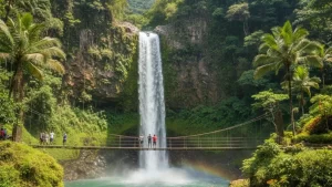 La Fortuna Waterfall in Costa Rica with a hanging bridge and visitors, part of an Arenal Volcano area combo tour